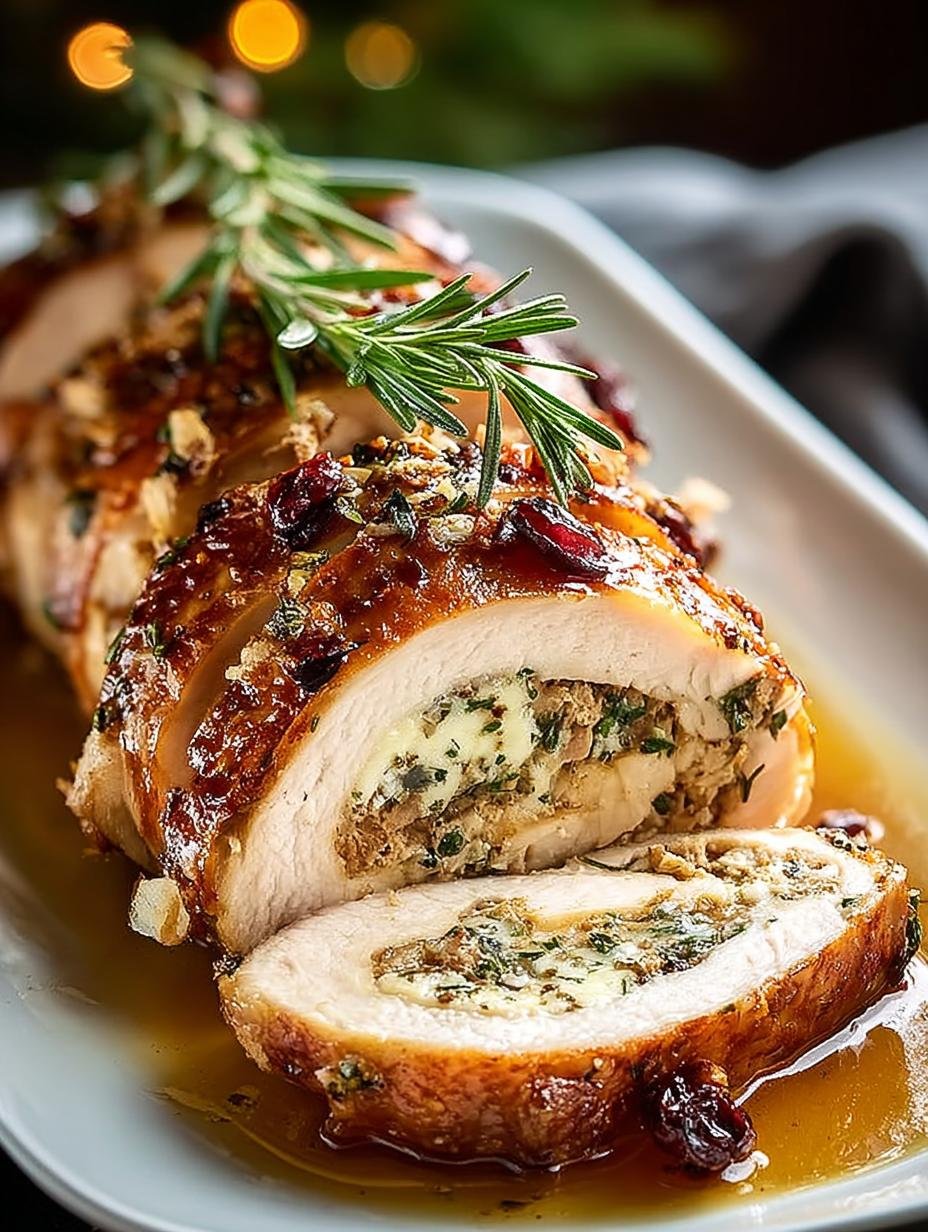 Plakken van een perfect gebraden Turkey Roulade geserveerd met jus en bijgerechten