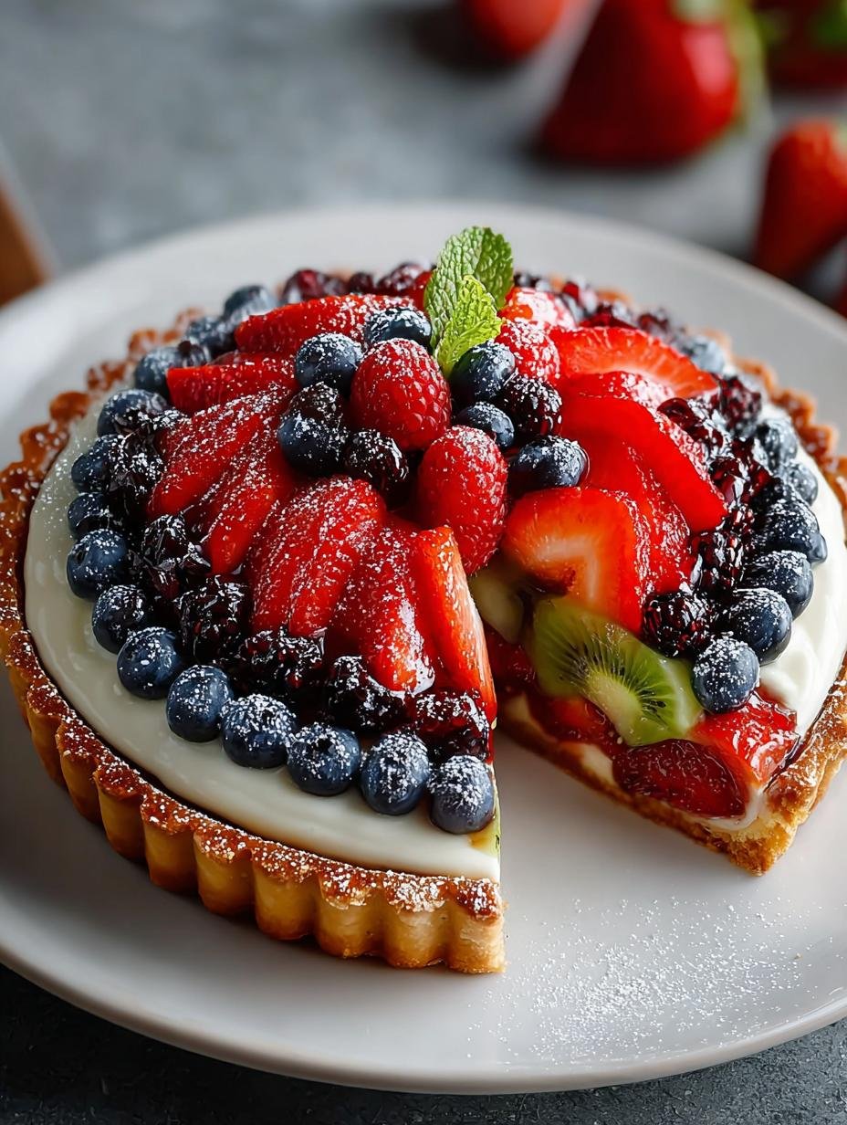 Heerlijke Vegan Fruit Tart met een overvloed aan verse aardbeien, kiwi's, bosbessen en frambozen, perfect voor een gezonde traktatie