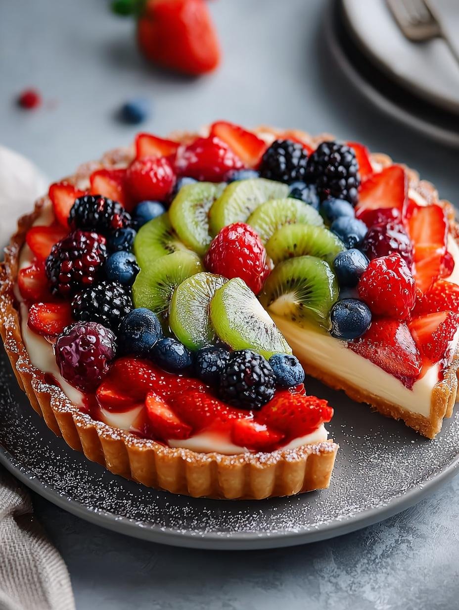Close-up van een plak Vegan Fruit Tart met een perfect gebakken korst en een romige vulling, versierd met glanzend fruit