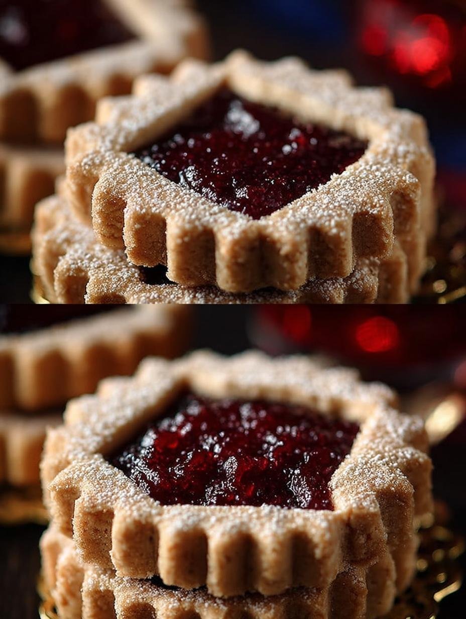Onweerstaanbare Weihnachtskekse Rezepte Linzer Torte: 7 Stappen - Weihnachtskekse Rezepte Linzer Torte - close-up van Linzer koekjes met poedersuiker