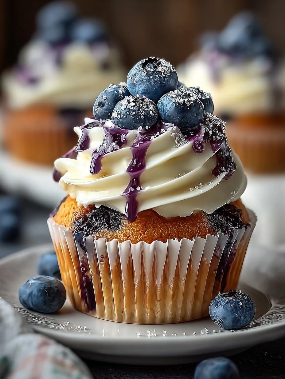 Close-up van een perfect gebakken Witte Chocolade Bosbessen Cupcake met gesmolten witte chocolade