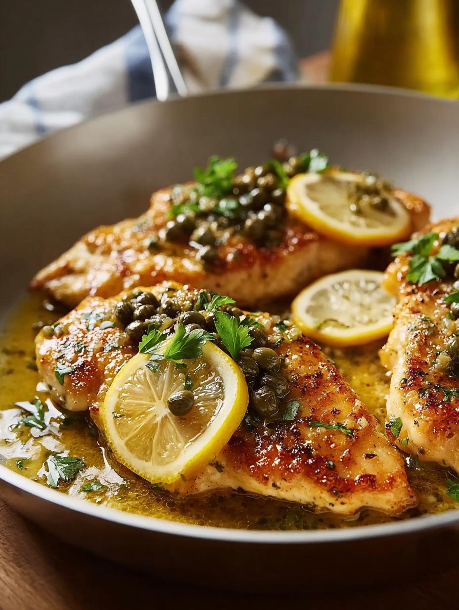 Verrukkelijke Yuzu Kip Piccata met een gouden korst en glanzende saus, geserveerd op een bord
