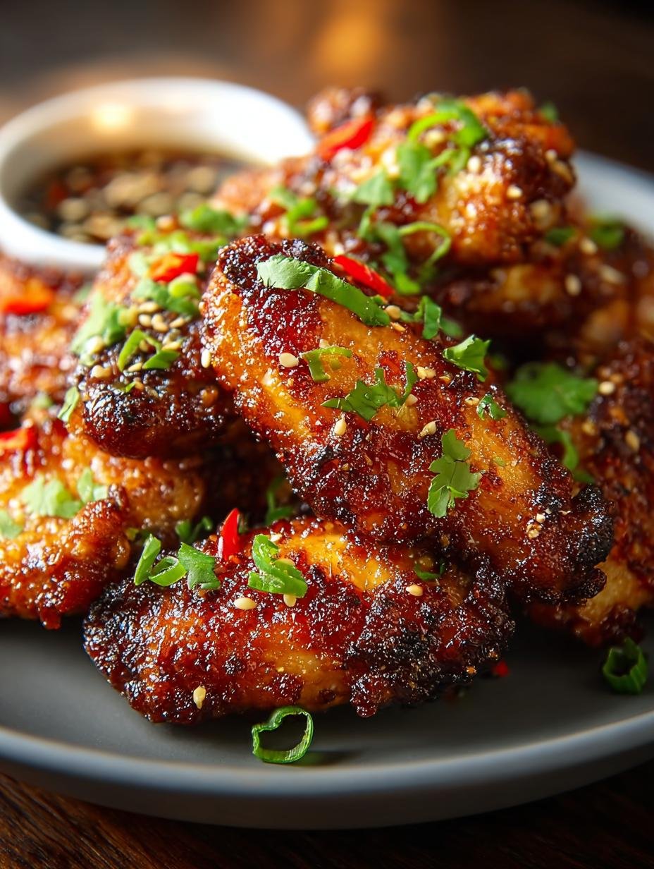 Een close-up van perfect gemarineerde Zuckerfreie Scharfe Koreanische Airfryer Kippenvleugels, klaar om de Airfryer in te gaan.