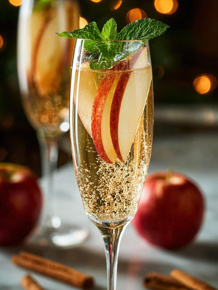 Verfrissende Apple Cider Champagne Cocktail met kaneelstokje en appelschijfjes, klaar om te serveren