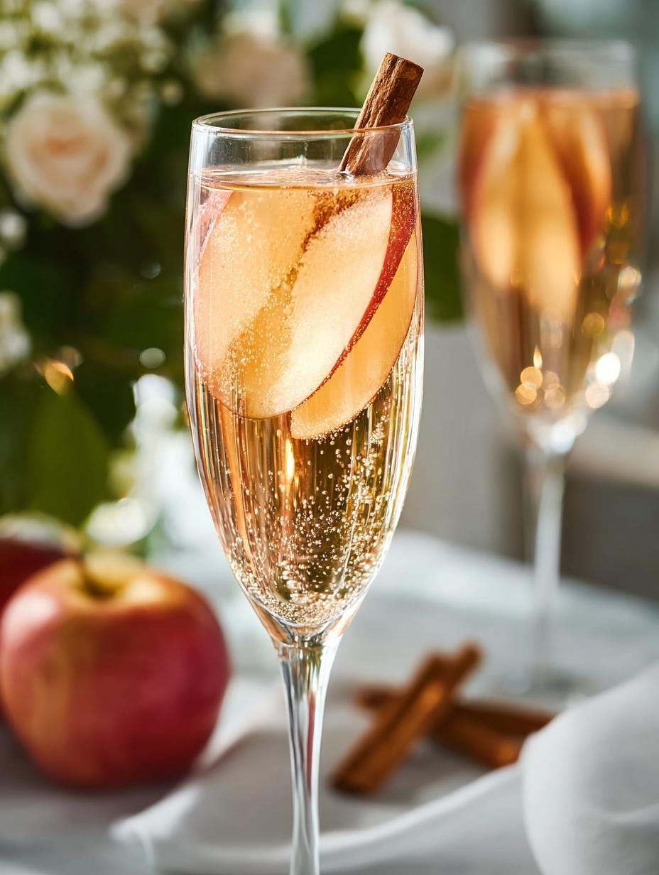 Close-up van een feestelijke Apple Cider Champagne Cocktail met bubbels en een kaneelstokje
