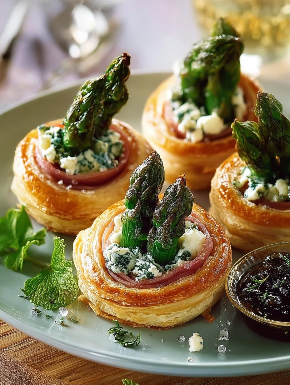 Close-up van Asperge Pecorino Vol-au-vents, perfect gevuld en gegarneerd met verse kervel, klaar om te serveren
