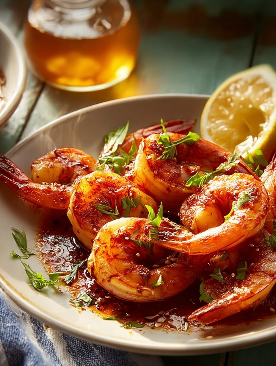 Barbecue Shrimp Down Home: Een Onvergetelijk Feest! - Barbecue Shrimp Down Home - close-up van de garnalen in de saus met stokbrood en citroenpartjes