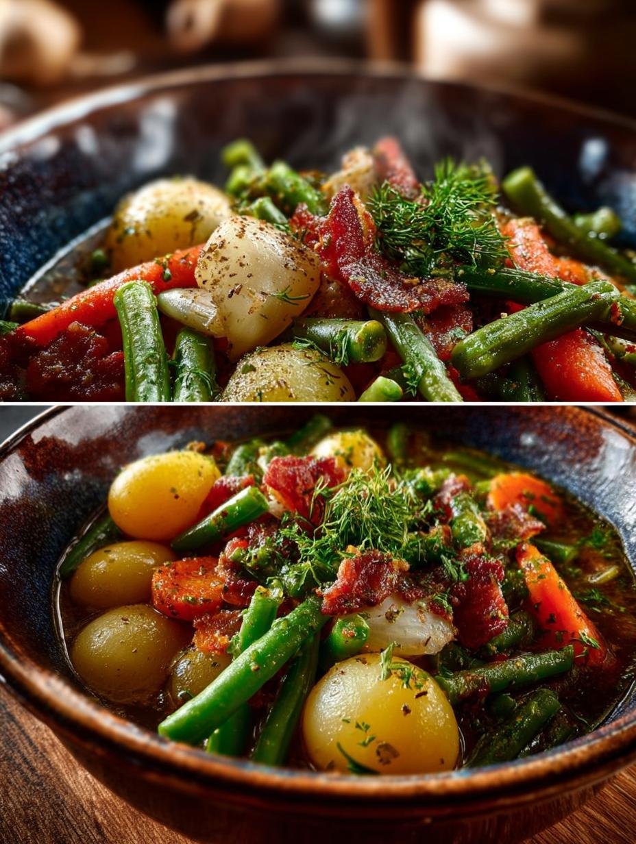 Heerlijke Bohnen Rezepte Birnen Bohnen met verse groene bonen, sappige peren en knapperig spek, klaar om te serveren.