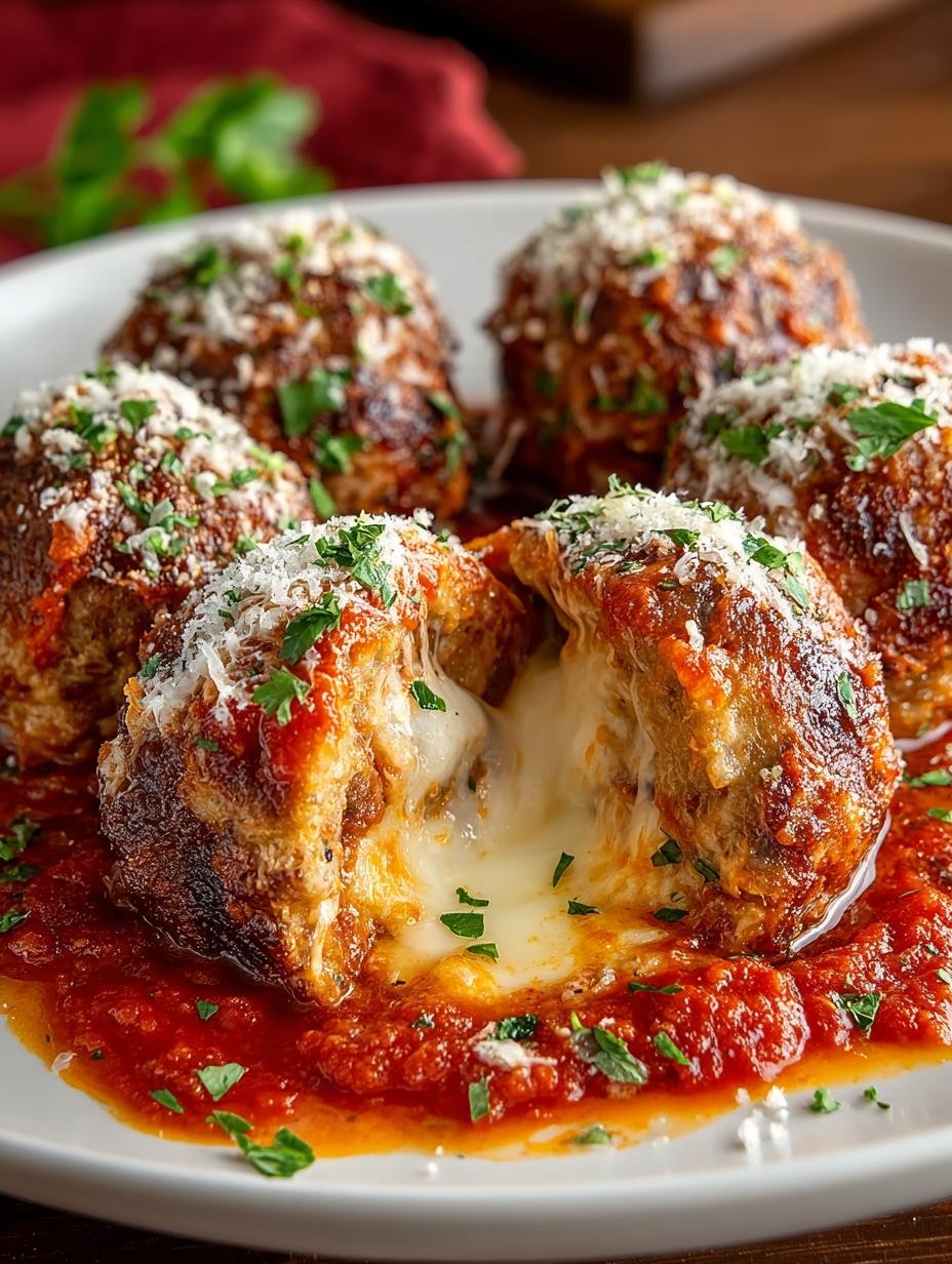 Close-up van Cheddar Gefuellte Fleischbaellchen Rezept, geserveerd met verse peterselie