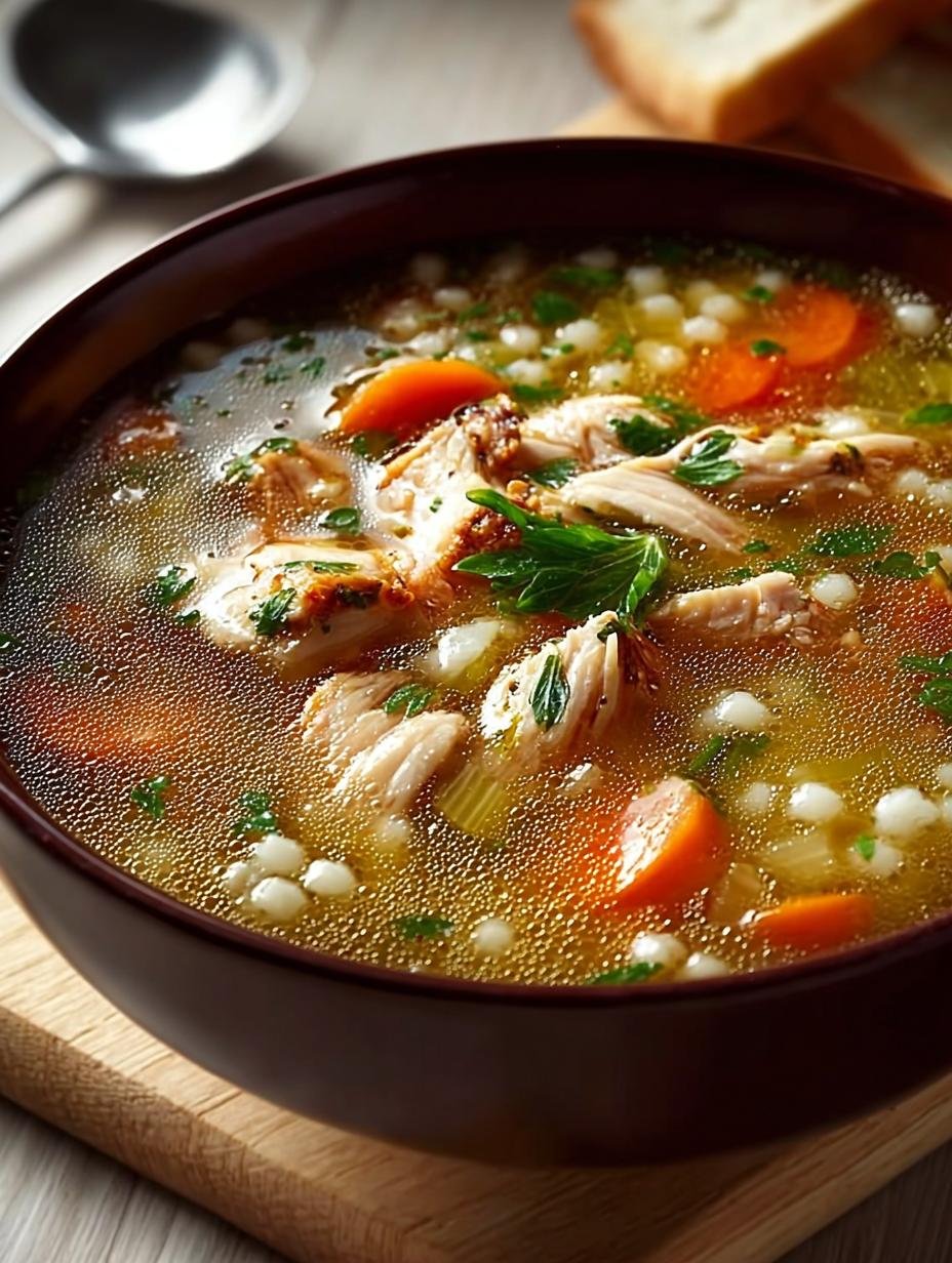 Chicken Barley Soup: De 1 ultieme, warme troostmaaltijd - Een dampende kom Chicken Barley Soup met malse kip, gerst en verse kruiden, klaar om te serveren.