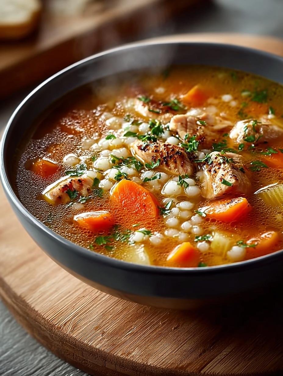 Chicken Barley Soup: De 1 ultieme, warme troostmaaltijd - Close-up van een lepel Chicken Barley Soup met gerst, kip en groenten.
