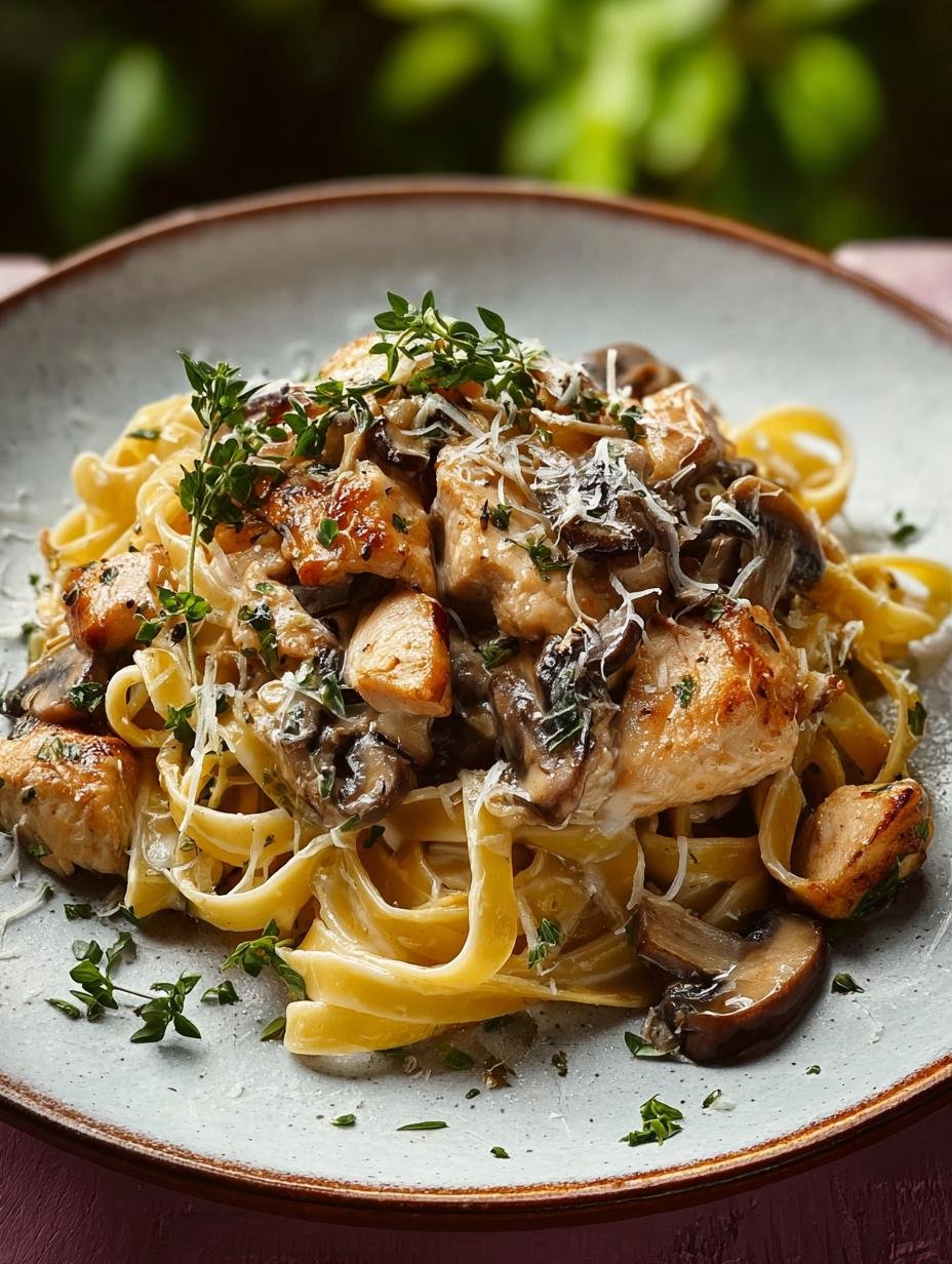 Verrukkelijke Chicken Marsala Pasta met romige saus en malse kip, klaar om te serveren