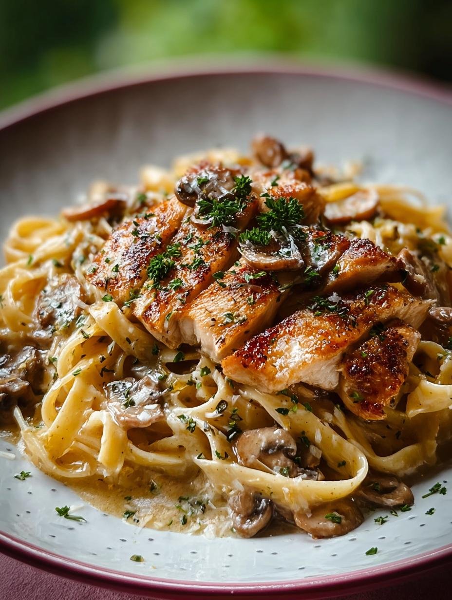 Close-up van romige Chicken Marsala Pasta met verse peterselie en Parmezaanse kaas