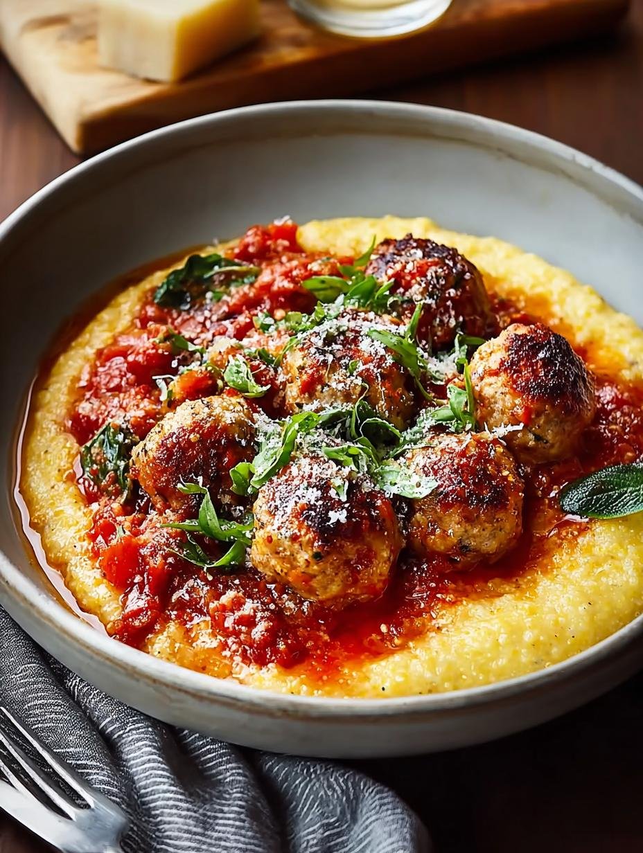 Close-up van perfect gegaarde Chicken Meatballs with Polenta, klaar om te serveren