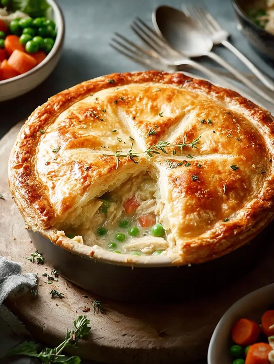 Close-up van een portie Chicken Potpie met zichtbare malse kip en verse groenten in romige saus