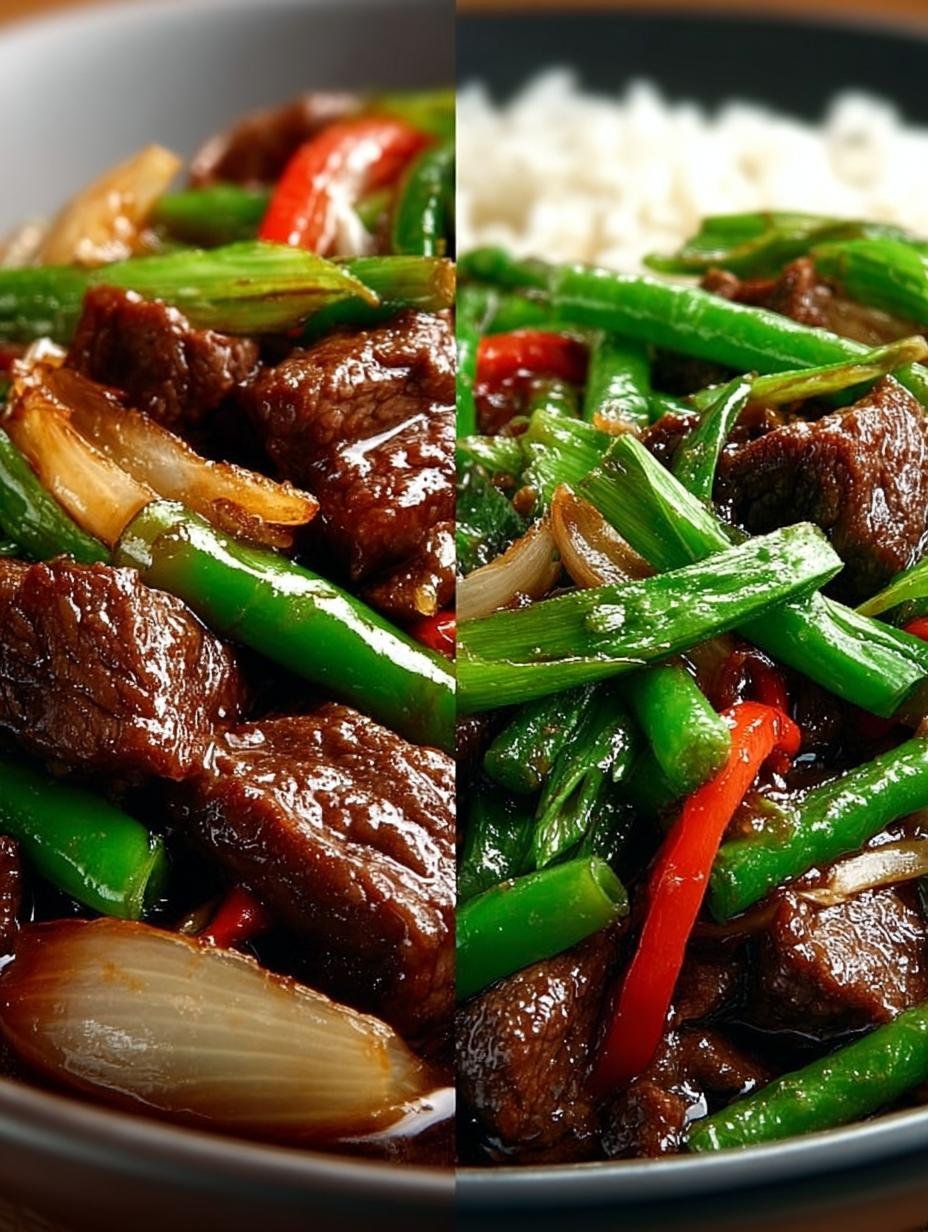 Close-up van mals Chinees Rundvlees Met Uien in een glanzende saus, klaar om te serveren