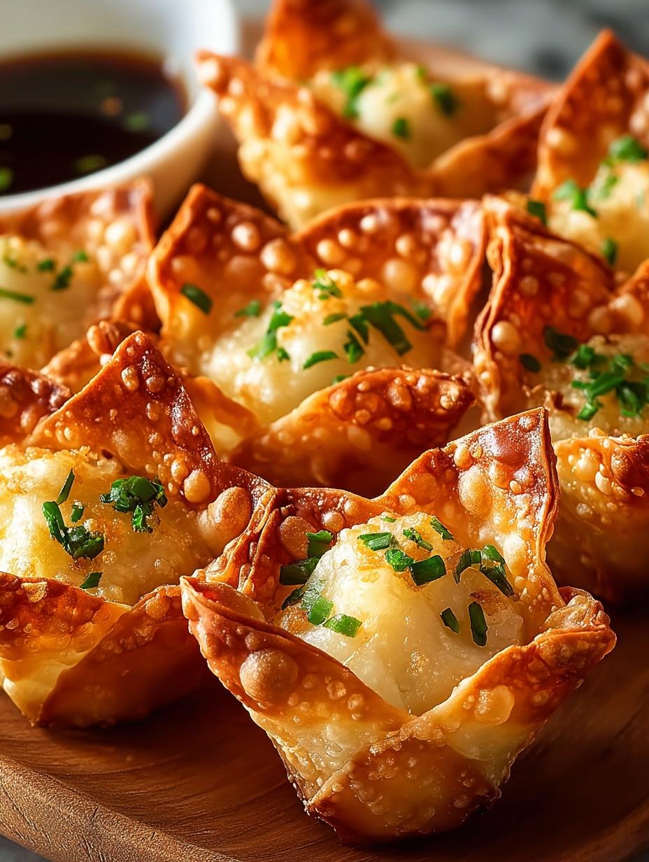 Een close-up van perfect gebakken Krab Rangoon Cups, gevuld met romige krabvulling en gegarneerd met verse bieslook, klaar om te dippen.