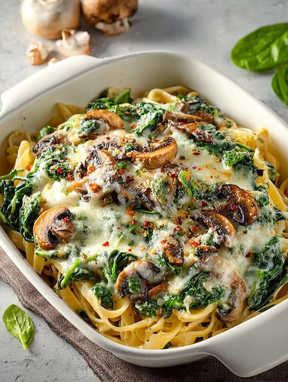 Heerlijke romige spinazie champignon pasta met verse peterselie en Parmezaanse kaas, klaar om te serveren
