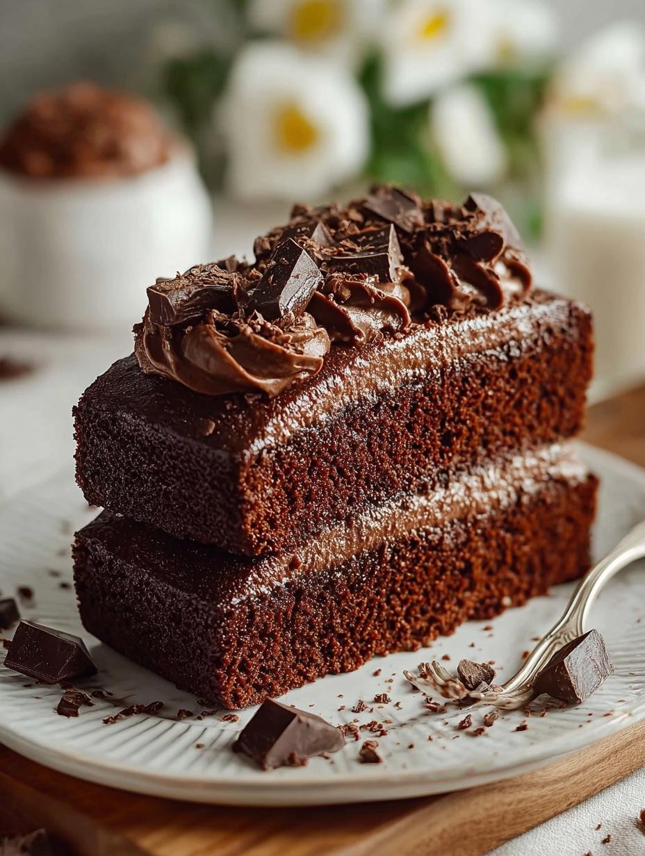 Perfect gesneden plak Double Chocolate Sour Cream cake met een zachte, vochtige kruimel en chocoladechips.