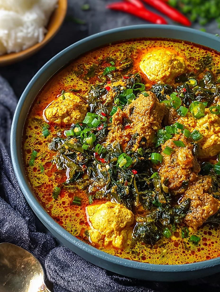 Close-up van de rijke textuur van Egusi Soep met stukjes vis en spinazie