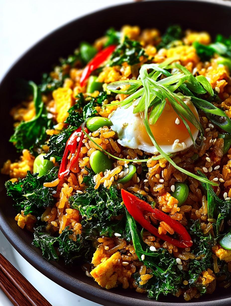 Fantastische Gember Boerenkool Gebakken Rijst in 30 Min - Ginger Kale Fried Rice - een kom vol kleurrijke gebakken rijst met boerenkool en gember, klaar om te serveren
