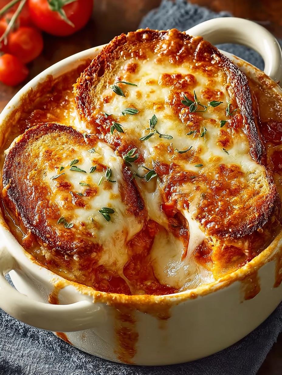 Zalige Gegrilde Kaas Tomatensoep in 25 Min. - Een heerlijke, goudbruine ovenschotel met gesmolten kaas en romige tomatensoep, perfect voor comfort food.