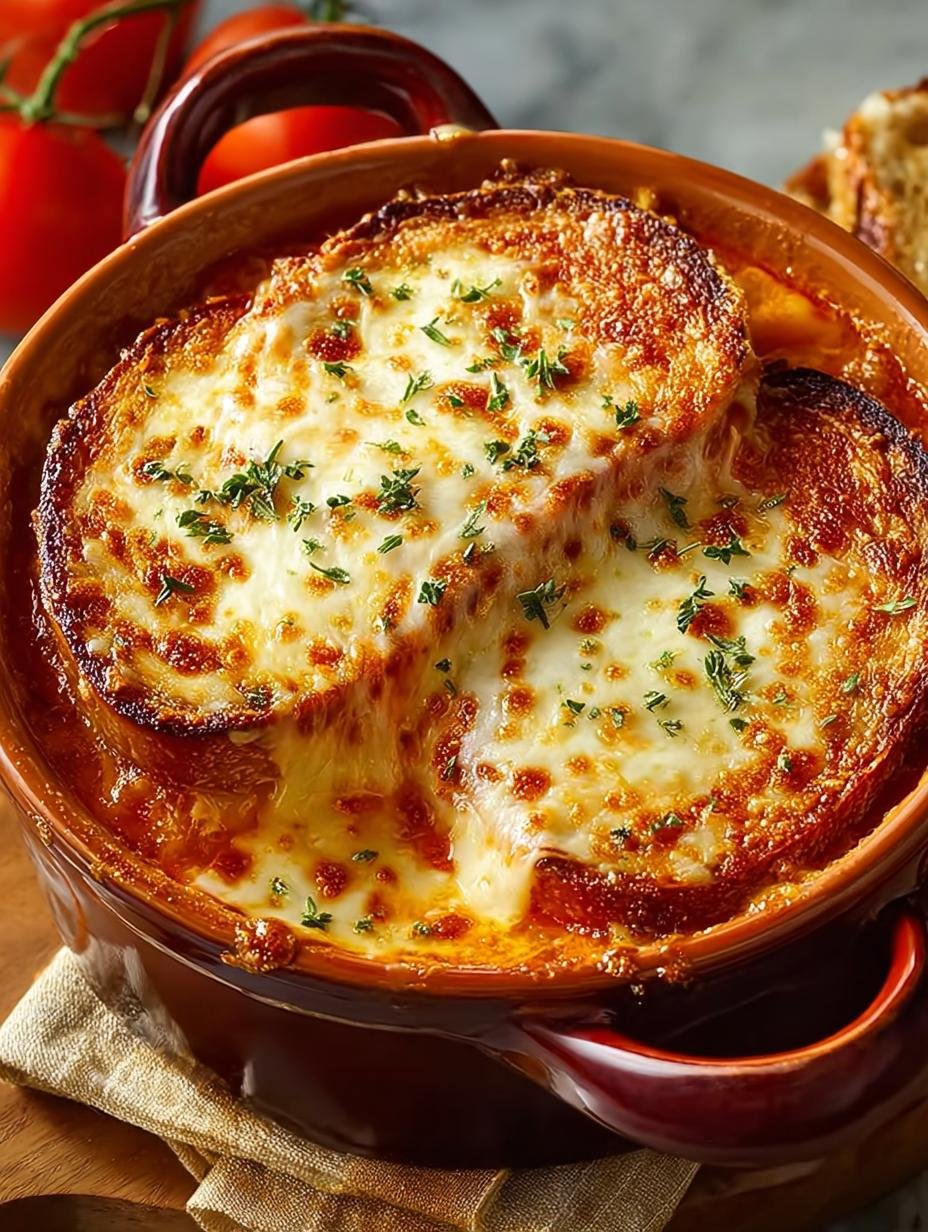 Zalige Gegrilde Kaas Tomatensoep in 25 Min. - Close-up van een portie Gegrilde Kaas Tomatensoep ovenschotel, met gesmolten kaas en verse basilicum.