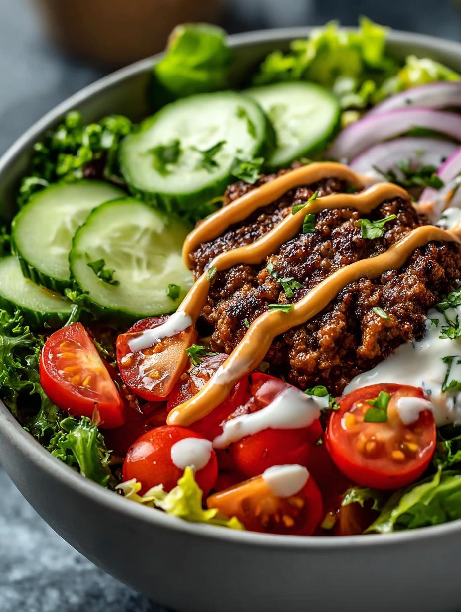 Twee kleurrijke Healthy Burger Bowls met een overvloed aan verse groenten, gekruid gehakt en een romige saus, klaar om te serveren.