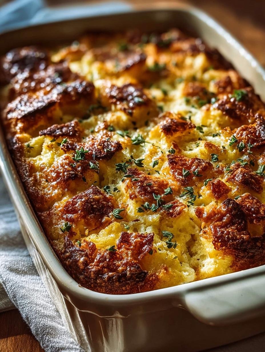 Heerlijke Ina Garten Breakfast Strata, vers uit de oven, met gesmolten kaas en kruiden, klaar om geserveerd te worden.