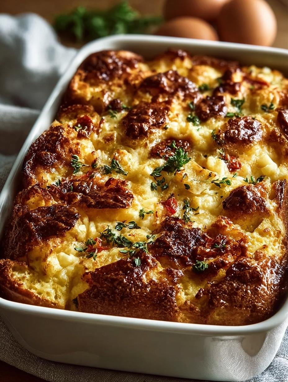 Close-up van een portie Ina Garten Breakfast Strata op een bord, met zichtbare lagen brood, kaas en eieren, klaar om gegeten te worden.