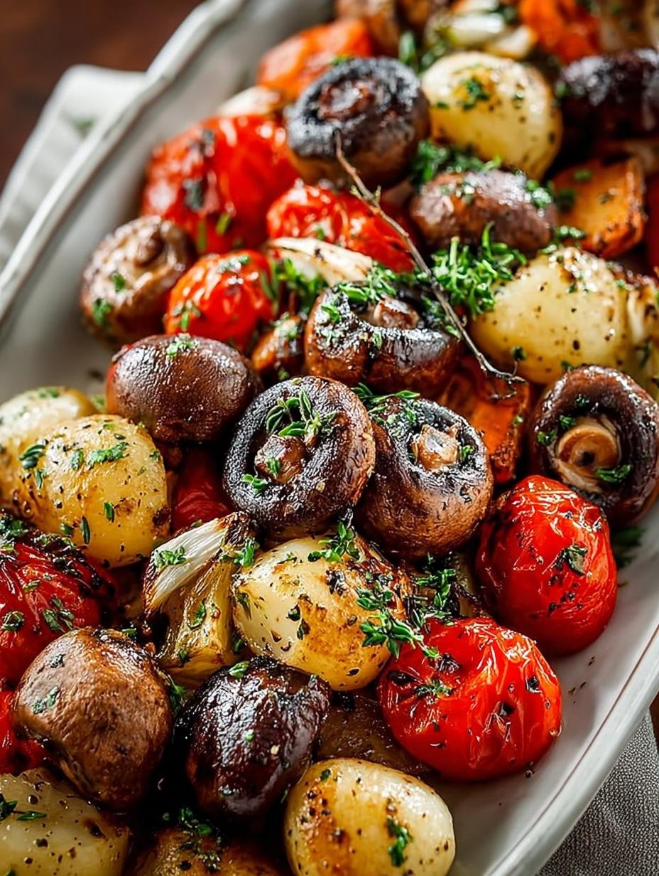 Heerlijke Italiaanse Geroosterde Paddenstoelen Groenten: 2 Geheimen - Italiaanse geroosterde paddenstoelen groenten met bloemkool en tomaten in een schaal, klaar om te serveren.