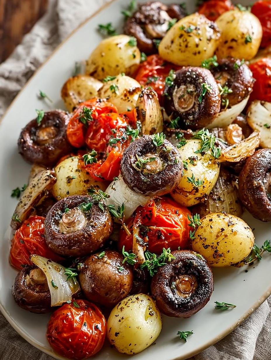 Heerlijke Italiaanse Geroosterde Paddenstoelen Groenten: 2 Geheimen - Close-up van perfect geroosterde Italiaanse paddenstoelen en groenten, besprenkeld met verse peterselie.