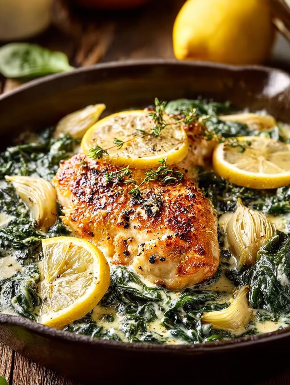 Schandalig lekkere Citroenboter Spinazie Artisjok in 30 Min - Een close-up van de romige citroenboter spinazie artisjok met goudbruine kip en verse kruiden, klaar om te serveren.