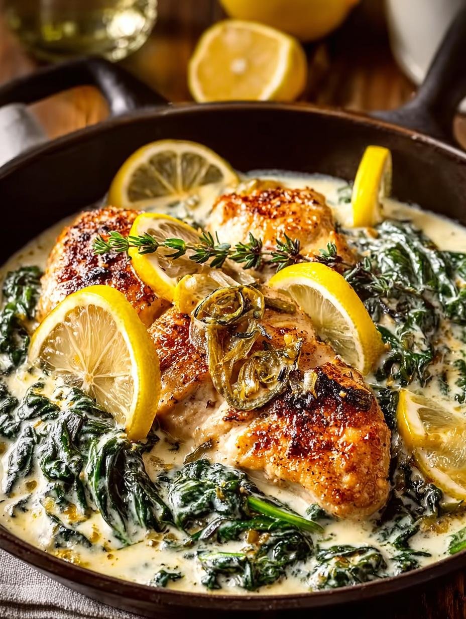 Schandalig lekkere Citroenboter Spinazie Artisjok in 30 Min - Een close-up van de romige citroenboter spinazie artisjok met goudbruine kip en verse kruiden, klaar om te serveren.