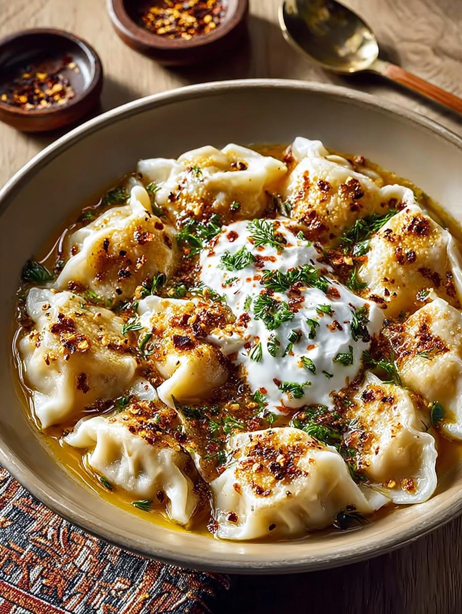Heerlijke Manti Turkish Dumplings with, vers bereid en geserveerd met romige yoghurtsaus en kruidige boter