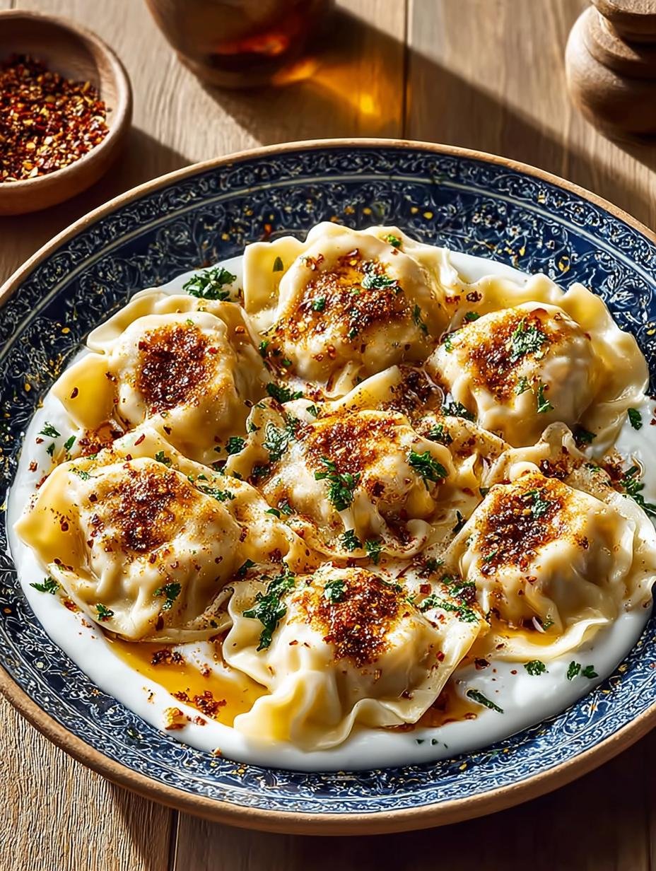 Close-up van Manti Turkish Dumplings with, perfect gevouwen en klaar om geserveerd te worden