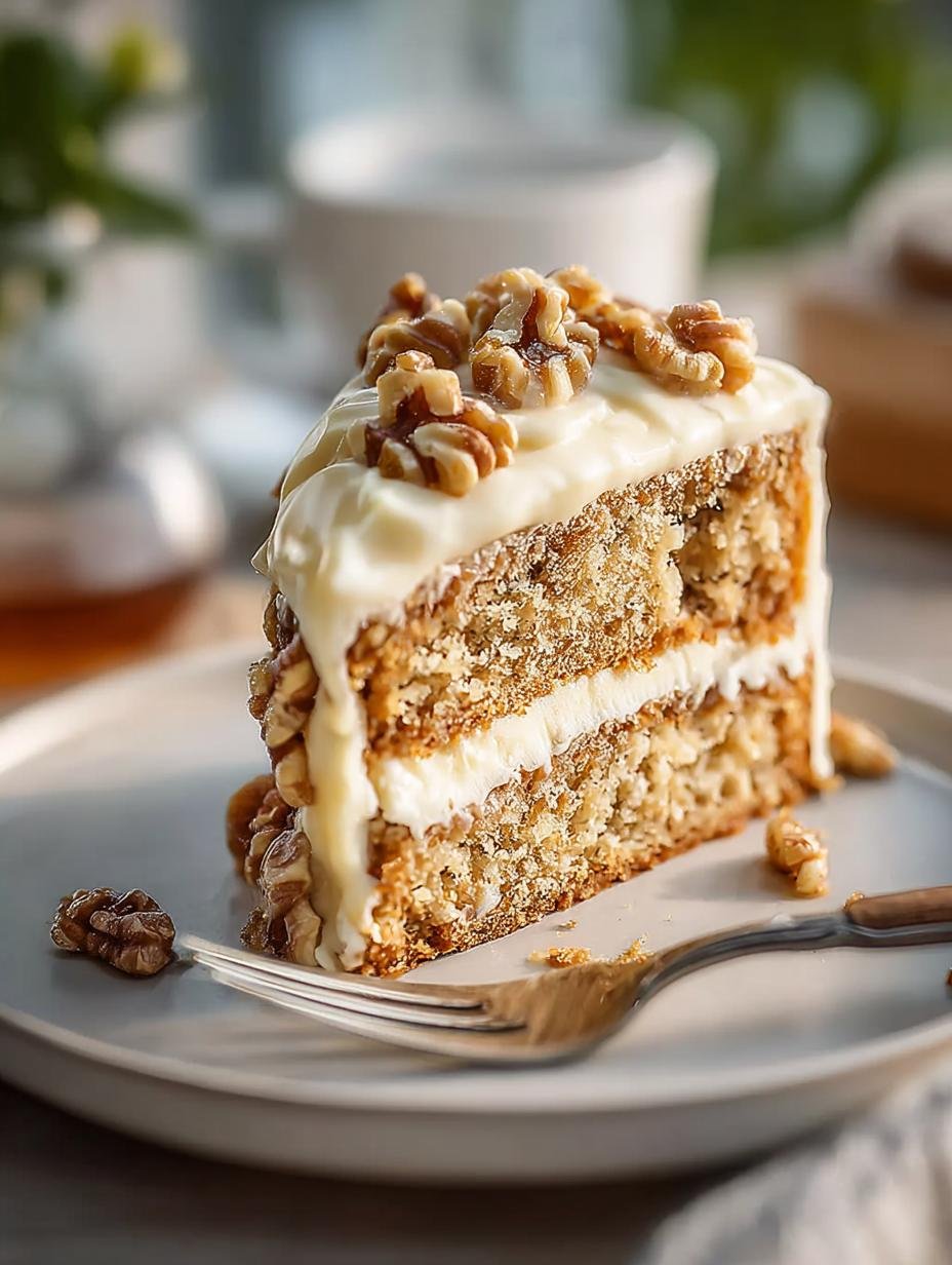 Een plakje onweerstaanbare Maple Walnut Cake met romig glazuur en gehakte walnoten, klaar om te serveren