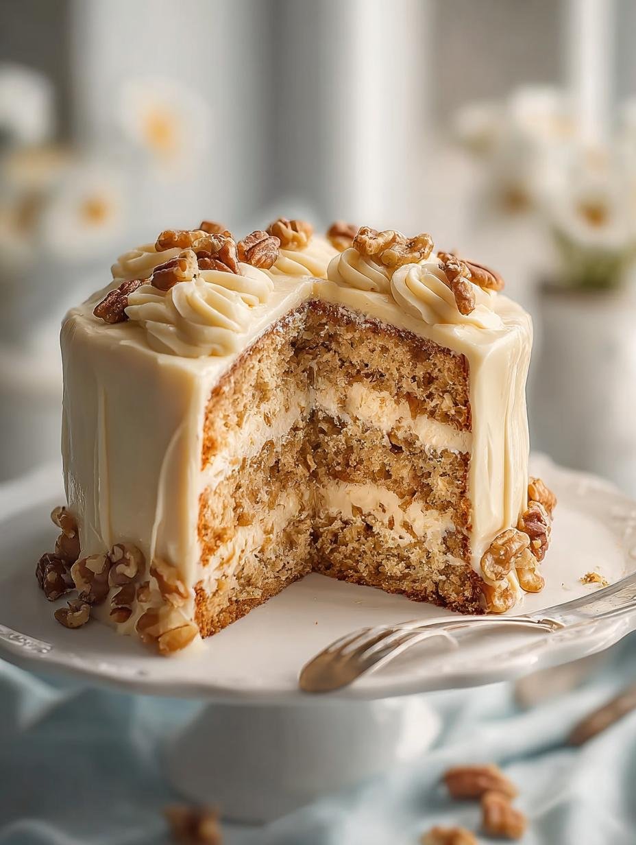 Close-up van een perfect gebakken Maple Walnut Cake, rijk geglazuurd en versierd met walnoothelften