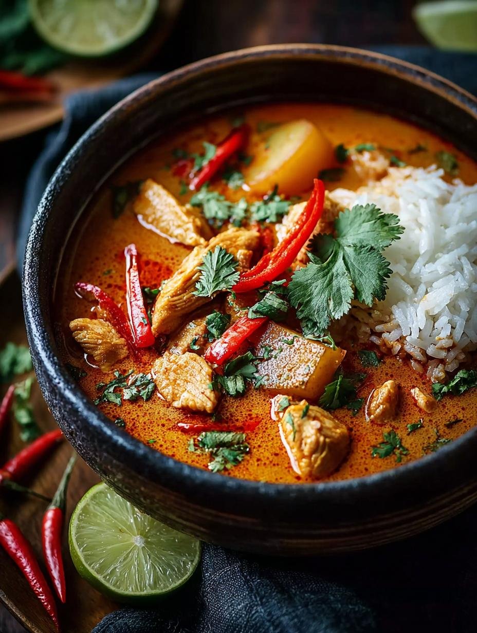 Heerlijke Massaman Curry Thai met kip en aardappelen in een kom, klaar om te serveren.