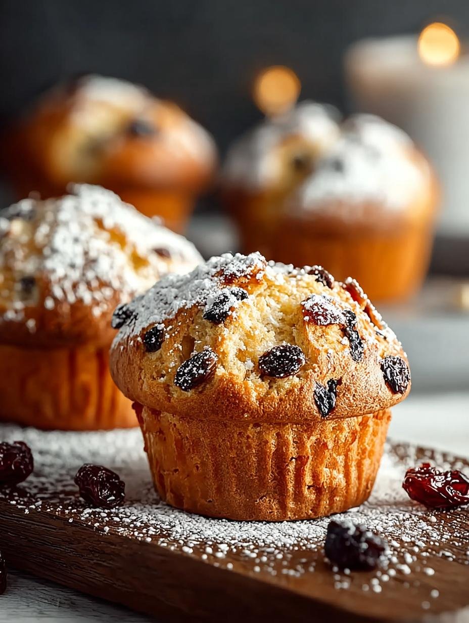 Fantastische Feest! 10 Moist Christmas Stollen Muffins - heerlijk uitziende, goudbruine kerststol muffins met poedersuiker op een houten plank