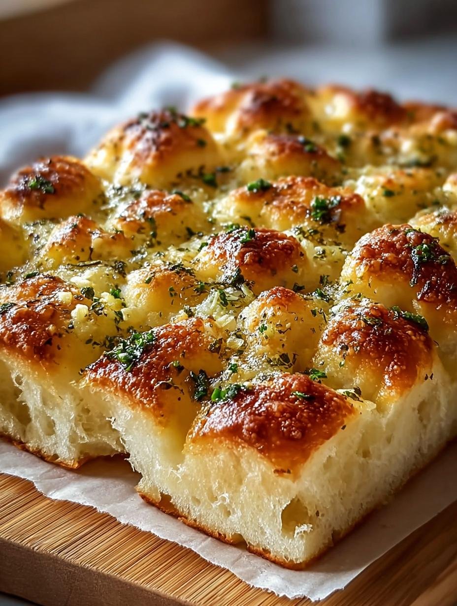 Close-up van een versgebakken Mouthwatering Garlic Butter Focaccia met knapperige korst en zachte binnenkant