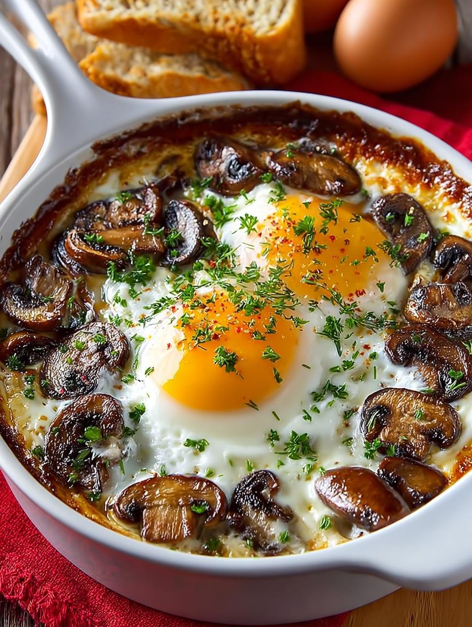 Close-up van Mushroom Brie Baked Eggs met vloeibare dooier en gesmolten brie, klaar om te serveren