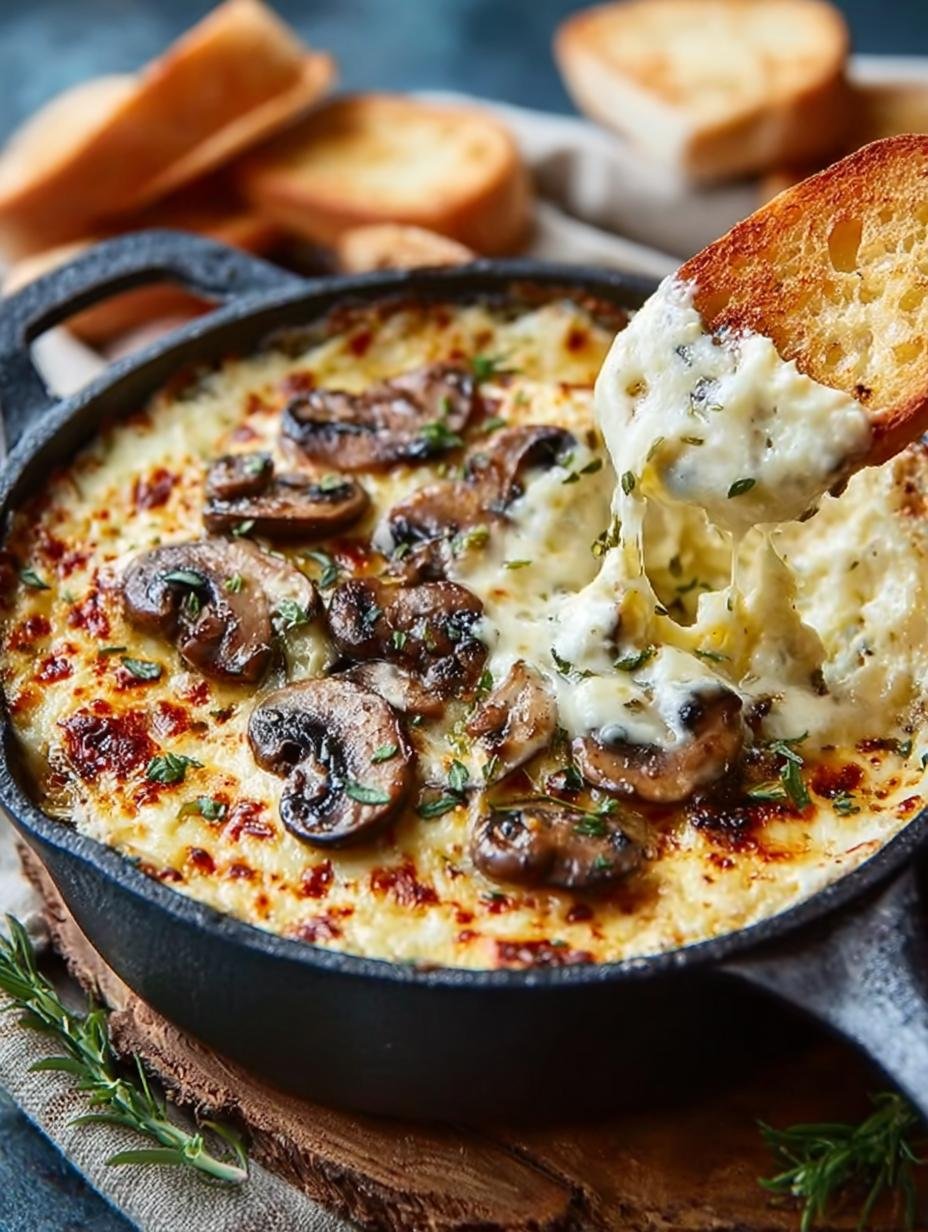 Verrukkelijke Mushroom Leek Gruyere Cheese dip, perfect goudbruin gebakken en bubbelend, klaar om te serveren