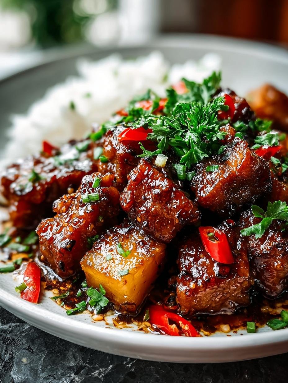 Heerlijke Ananas Varkensvlees met Kokos geserveerd met kokosrijst en verse kruiden