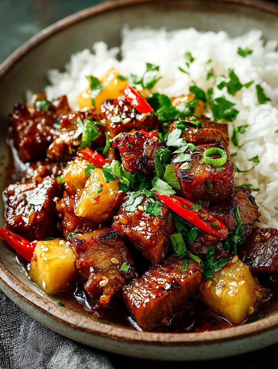 Close-up van Ananas Varkensvlees met Kokos met gekarameliseerde ananas en varkenshaas