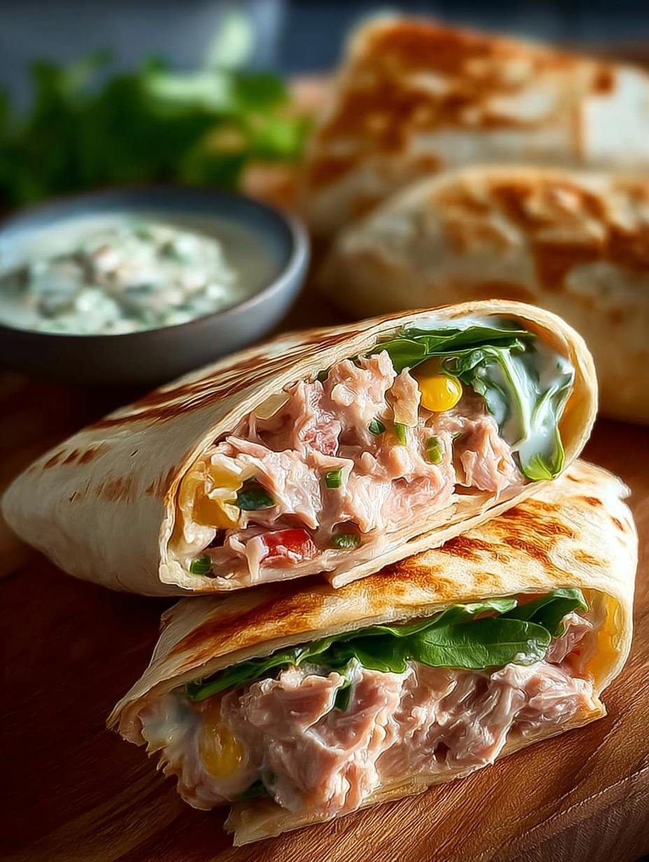 Heerlijke Protein Wraps Rezept Thunfisch, vers bereid en klaar om te eten, met een focus op de romige tonijnvulling en verse groenten.