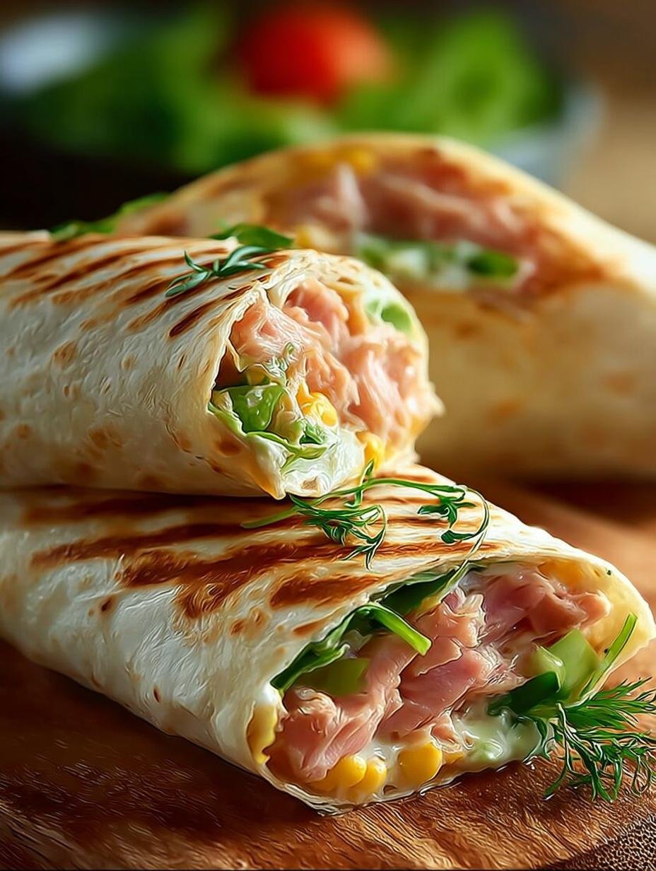 Close-up van een opgerolde Protein Wraps Rezept Thunfisch, gesneden om de vulling van tonijn, groenten en Griekse yoghurt te tonen.