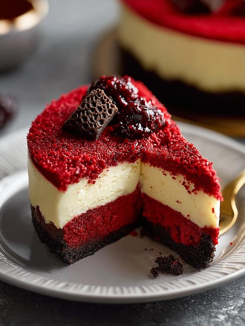 Onweerstaanbare Red Velvet Cheesecake: 1 Luxe Stuk Chocolade Hemel - Red Velvet Cheesecake - perfect gesneden stuk op een bord