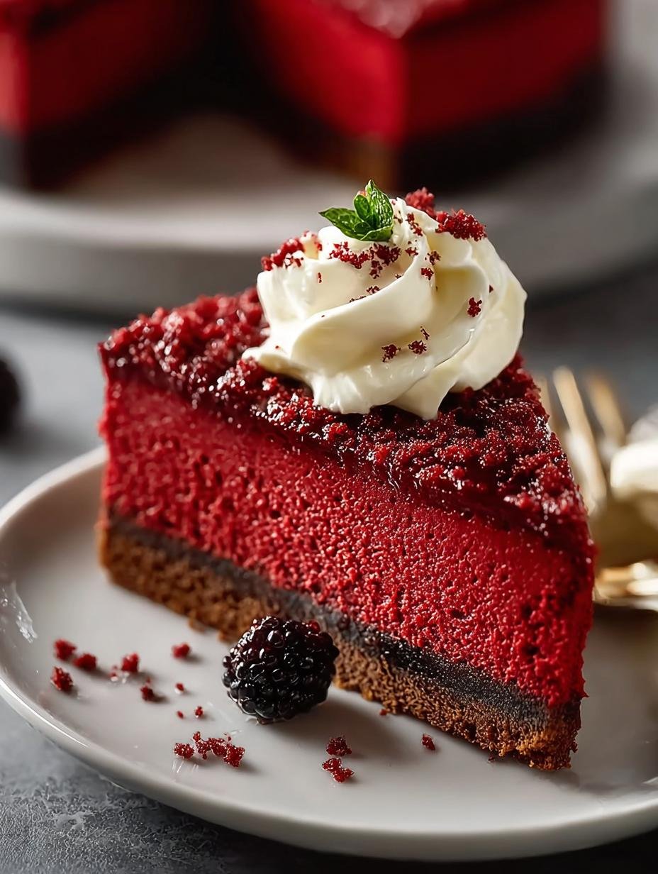 Onweerstaanbare Red Velvet Cheesecake: 1 Luxe Stuk Chocolade Hemel - Red Velvet Cheesecake - close-up van de textuur