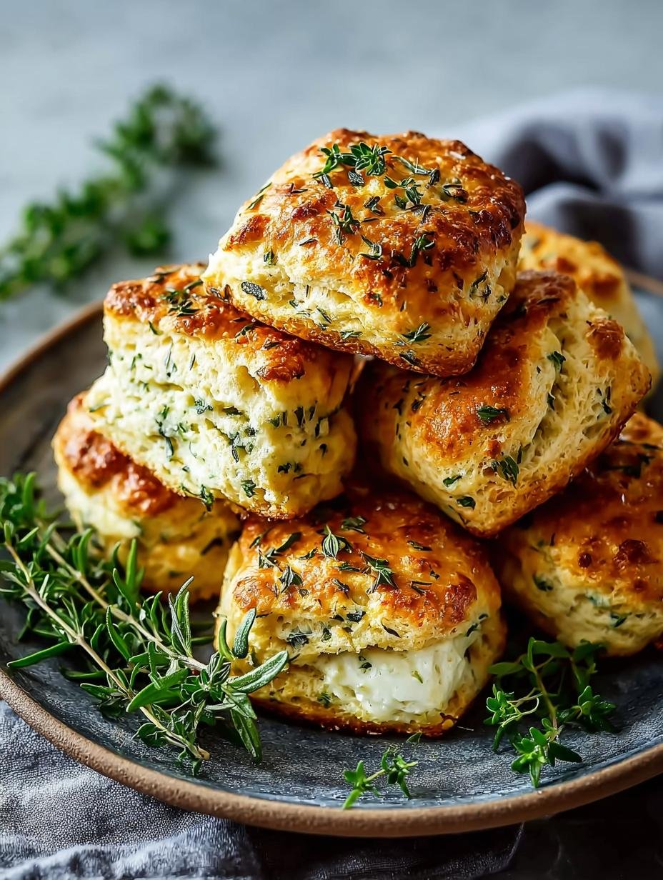 Close-up van een Ricotta Kruiden Hartige Scone met zichtbare kruiden en romige textuur
